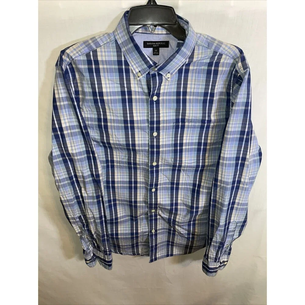 Banana Republic Dress Shirt Mens Size Medium Slim Fit Blue Striped Button Up LS